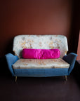 1950s Italian mid-century modern sofa manufactured by ISA Bergamo in the style of Gio Ponti with original floral tapestry and blue upholstery on brass legs.